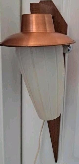 Wandlamp MCM teak/glas/koper - Danish design jaren 50/60, Ophalen of Verzenden, Gebruikt, Glas