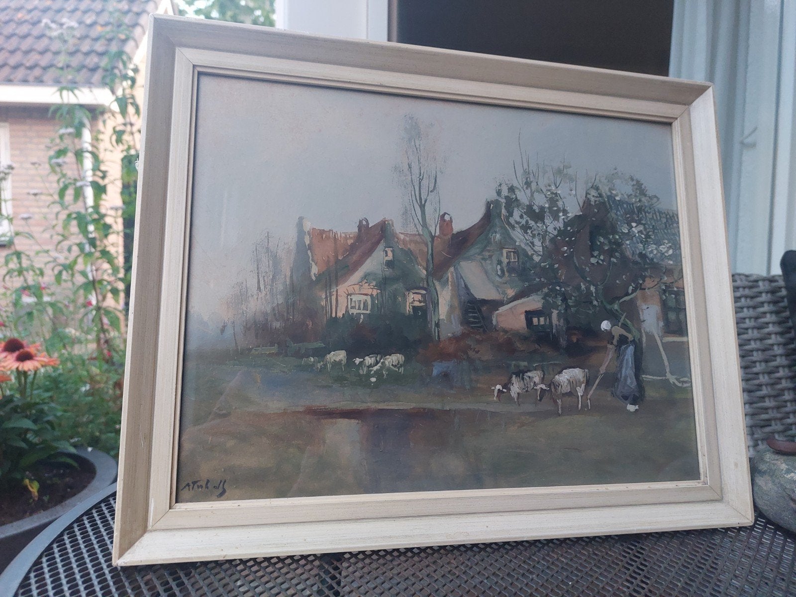 schilderij Oud Hollands Landschap met Boerderij en Vee, Ophalen of Verzenden
