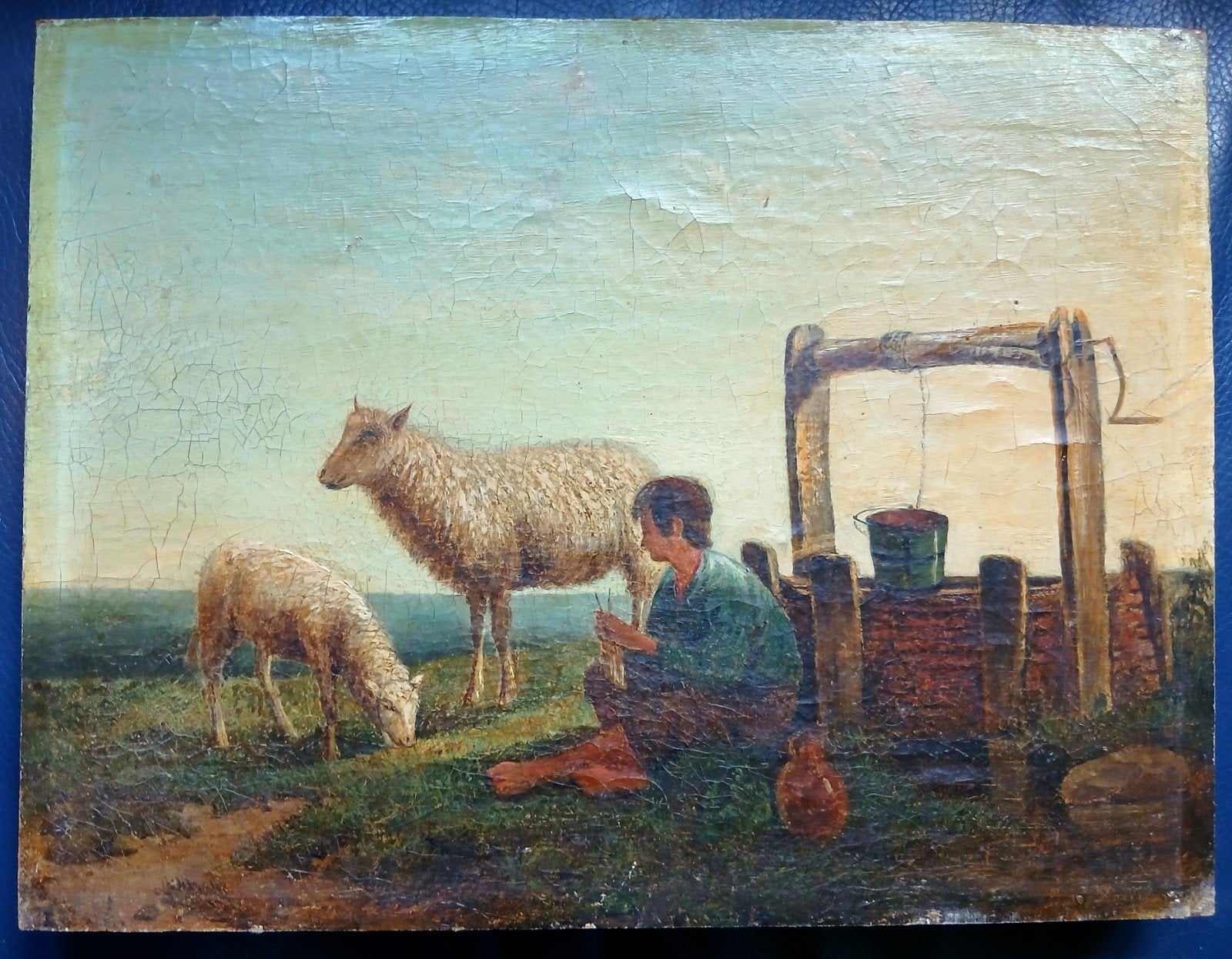 Antiek schilderij, herder met schapen., Ophalen of Verzenden