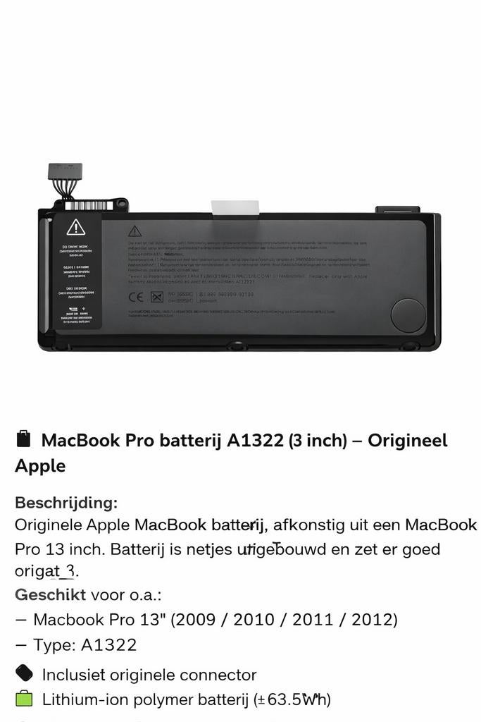 Apple MacBook Pro batterij A1322, Ophalen of Verzenden