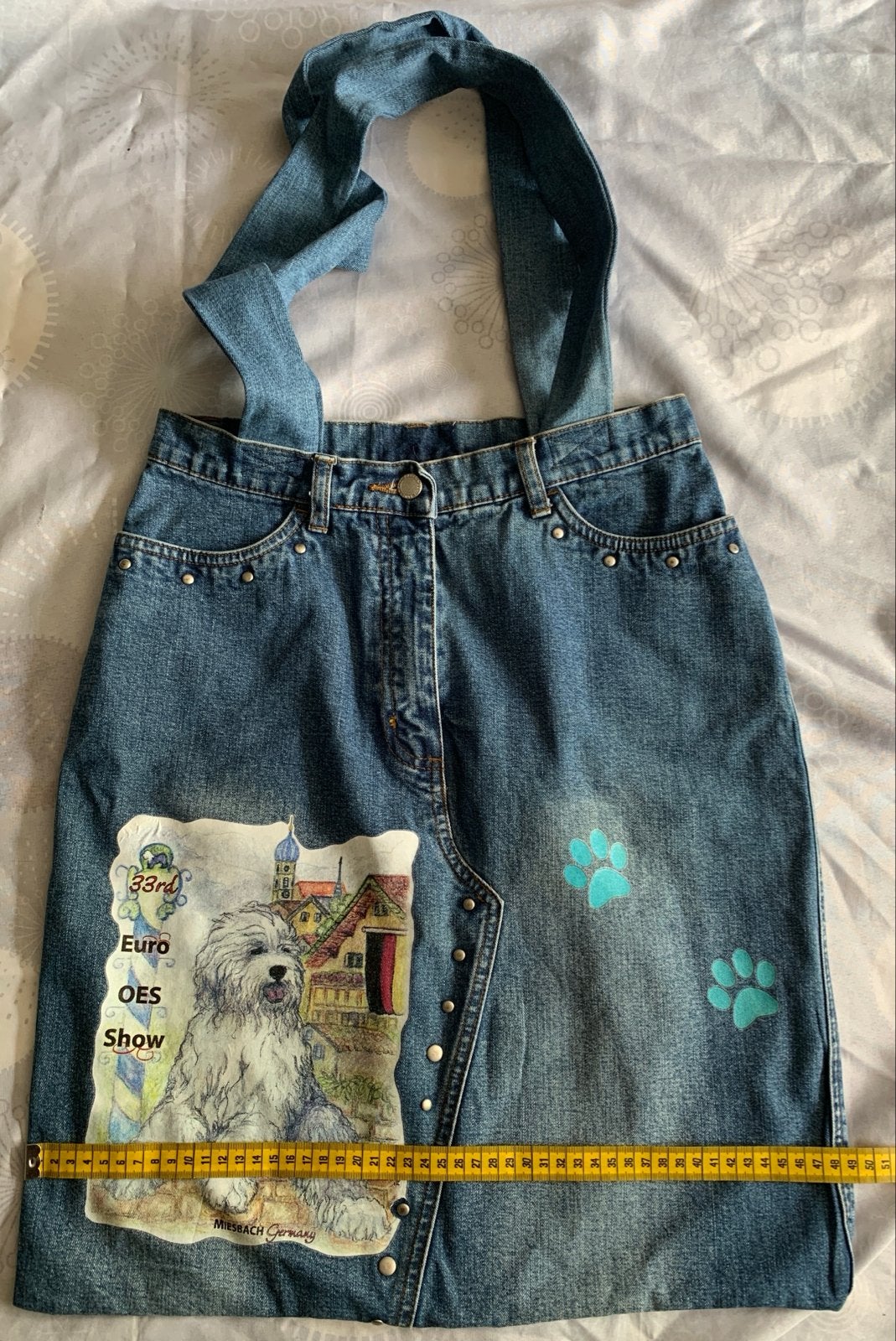 Unieke handgemaakte denim tas met hondenprint, Ophalen of Verzenden, Zo goed als nieuw, Blauw, Shopper