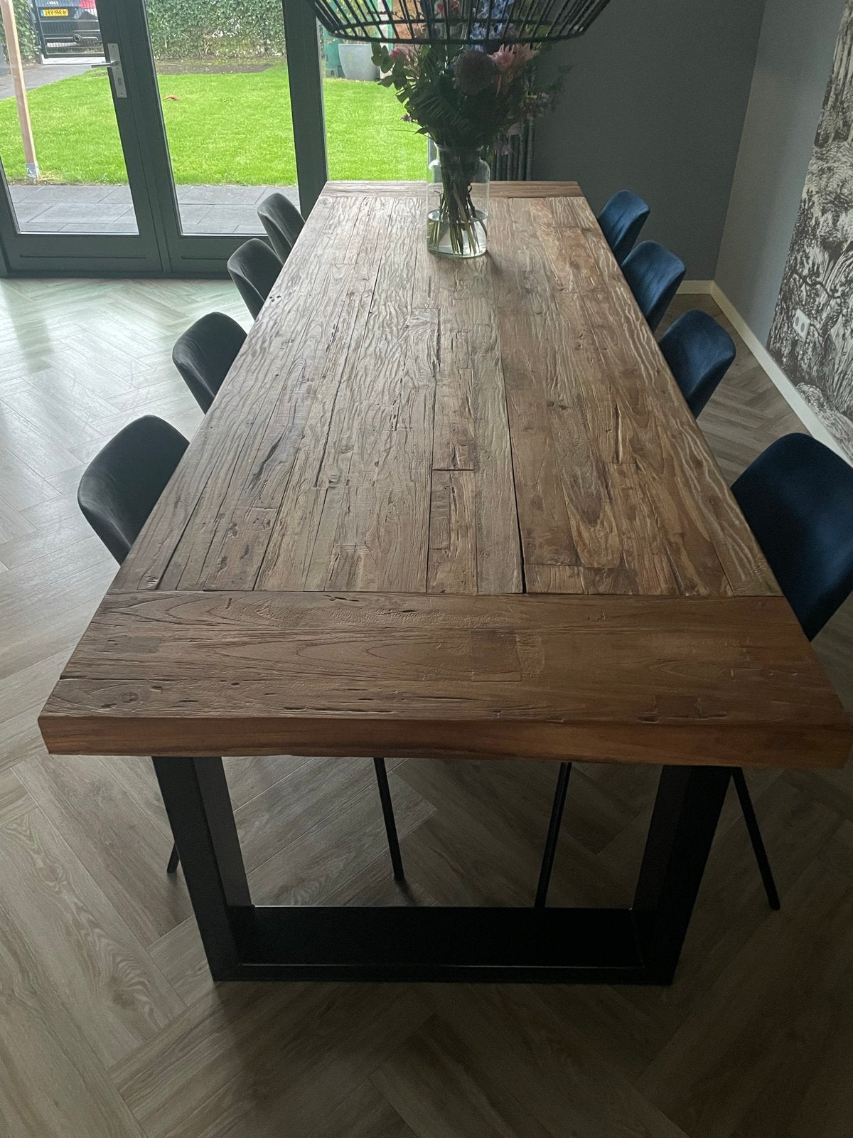 Robuuste eettafel 300x100 cm met zwarte metalen poten, Ophalen, Gebruikt, 100 tot 150 cm, 200 cm of meer