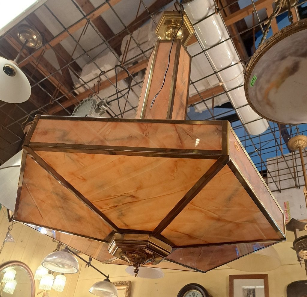 Grote Art Deco hanglamp messing en met echt glas 115 x 75 cm, Ophalen