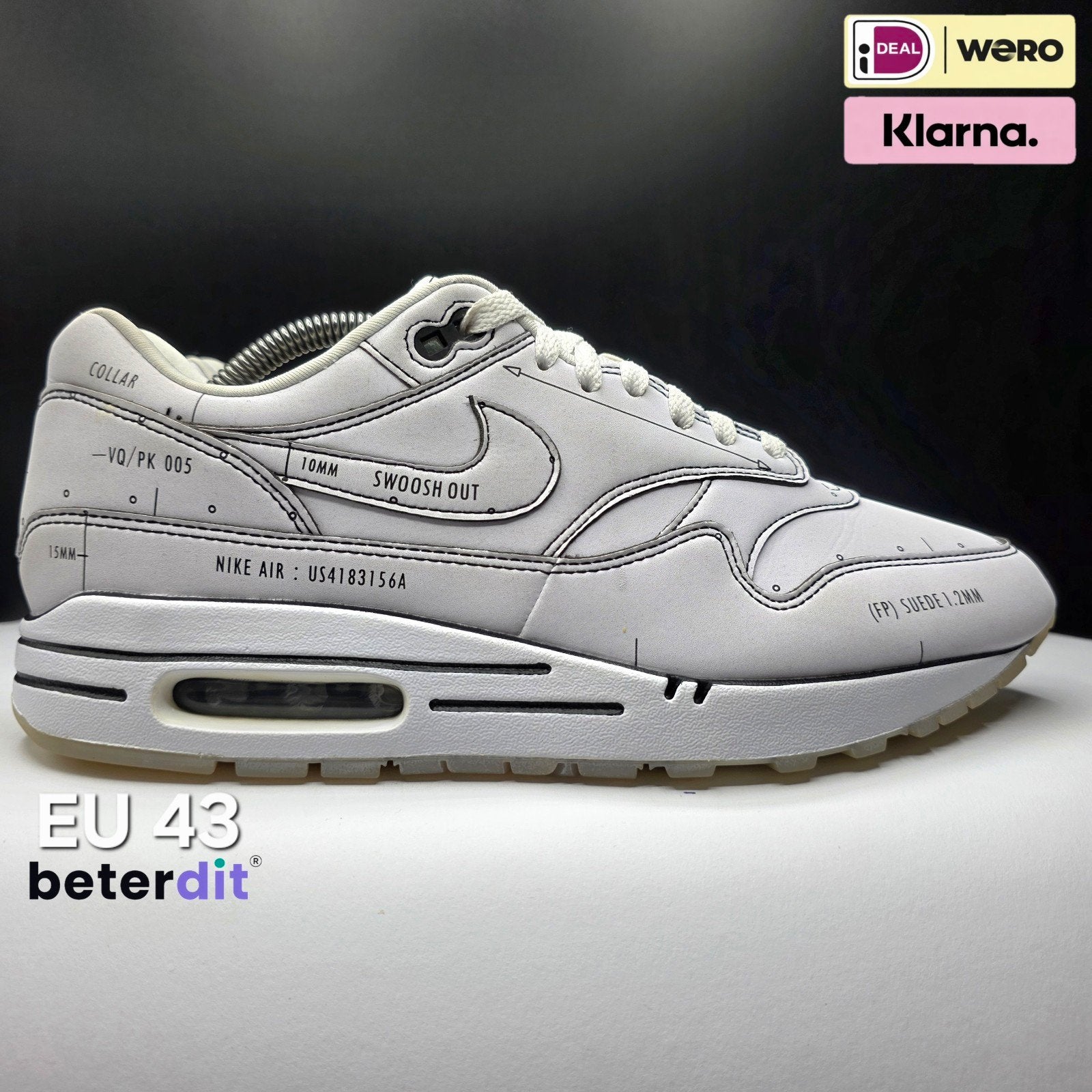 Nike Air Max 1 'Tinker Schematic' Maat: 43, Nike air max, Wit, Beterdit, Ophalen of Verzenden
