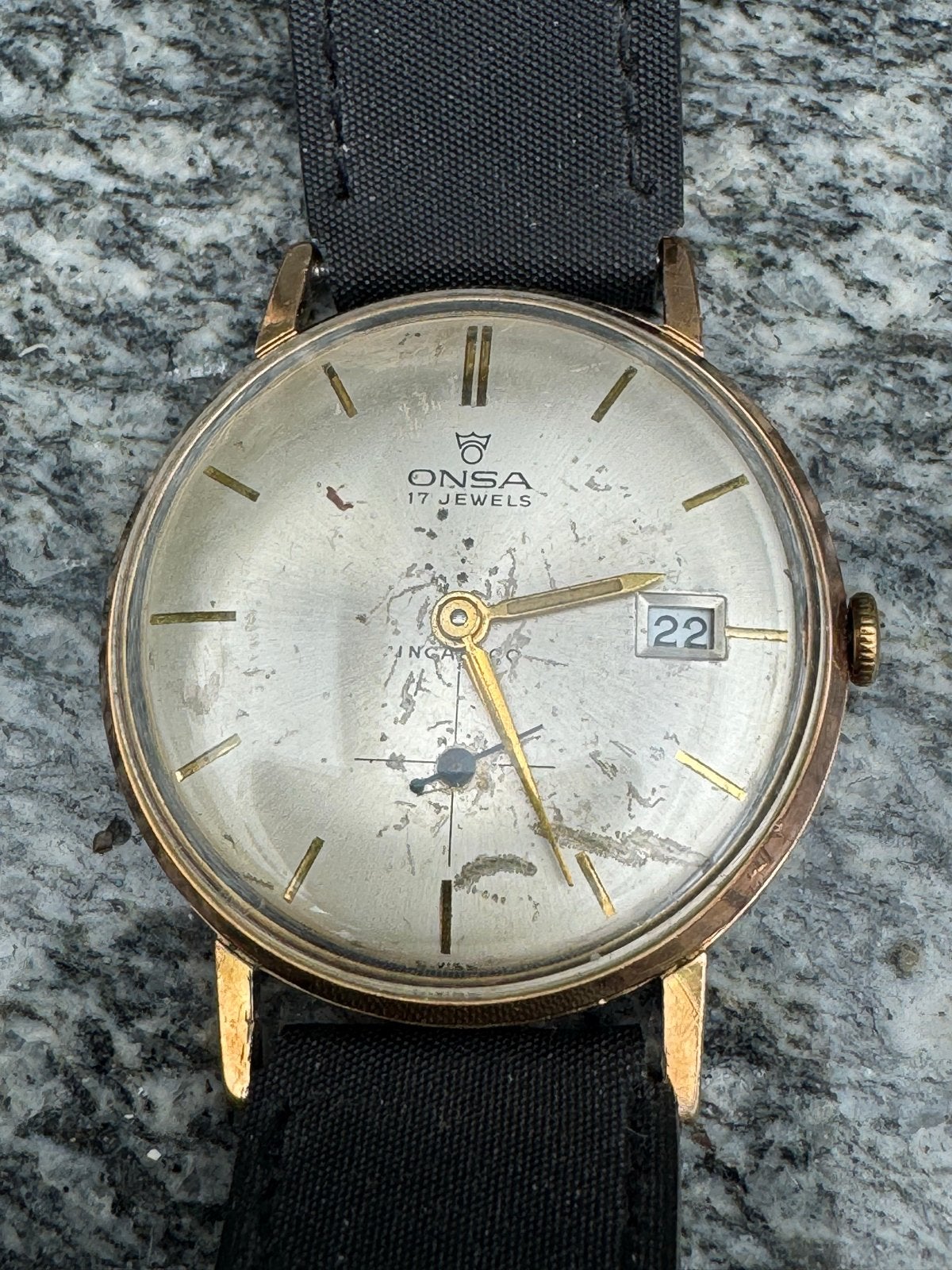 Vintage ONSA 17 Jewels Verguld Polshorloge met Datum, Ophalen of Verzenden, Gebruikt