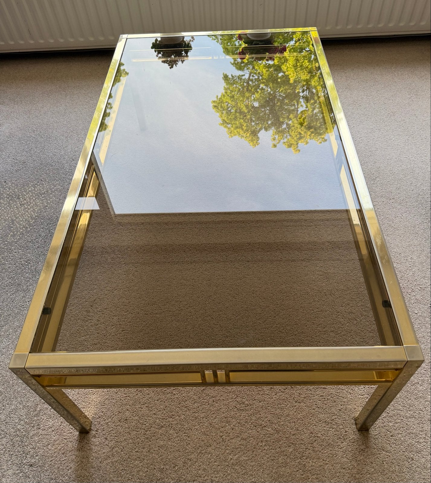 Vintage Salontafel Messing met Glazen Blad, Huis en Inrichting, Ophalen, Gebruikt, 100 tot 150 cm, 50 tot 100 cm
