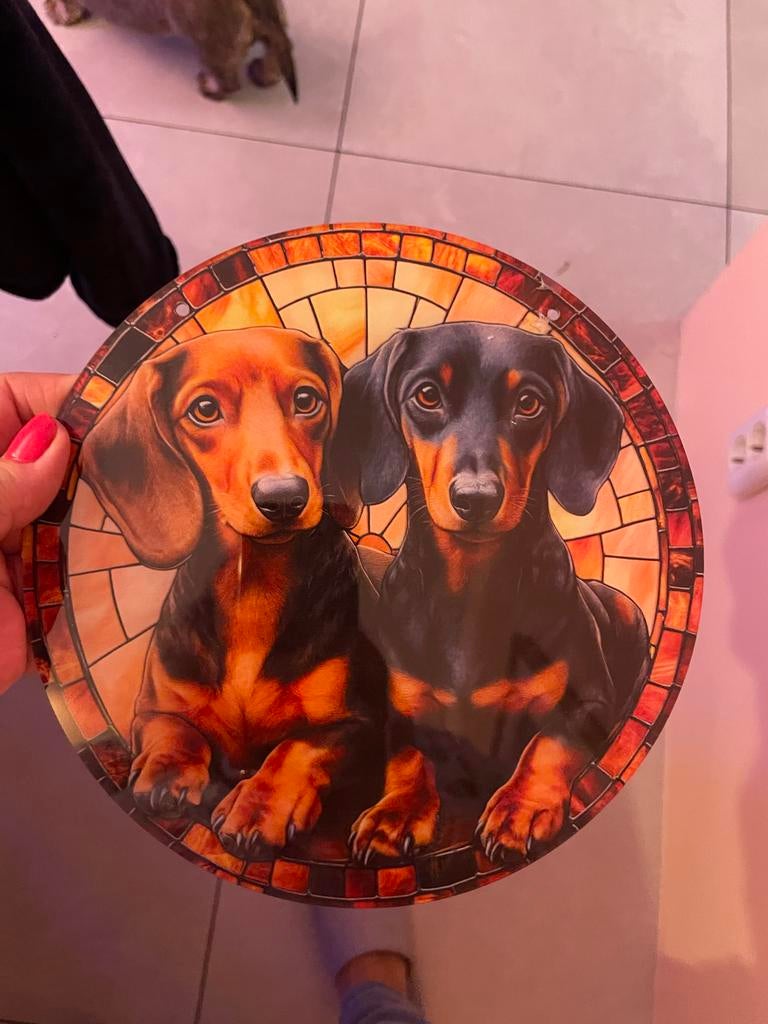Decoratieplaat teckel honden voor het raam, Meerkleurig, Overige materialen, Overige stijlen, Ophalen of Verzenden