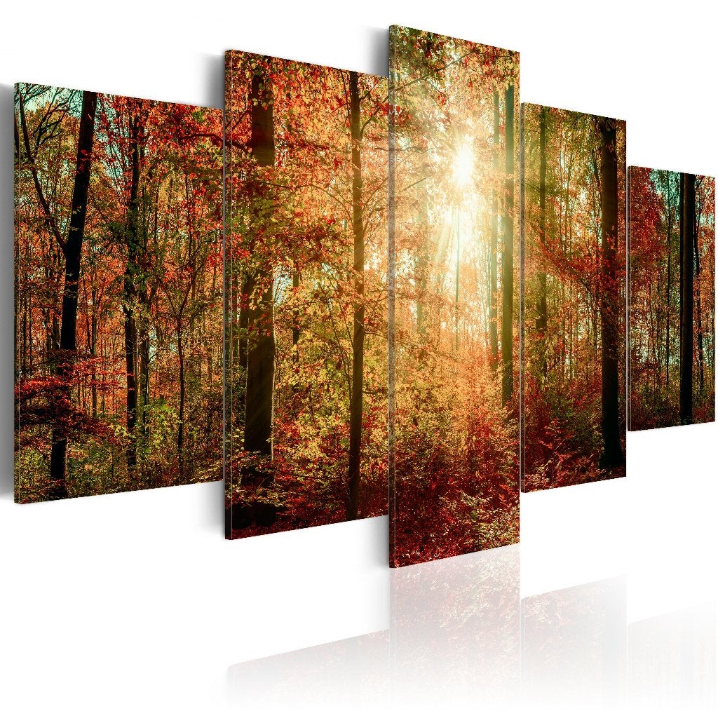 855 Natuur Bomen Bos 5 Luik Canvas Schilderij 200x100cm, Ophalen of Verzenden, Landschap