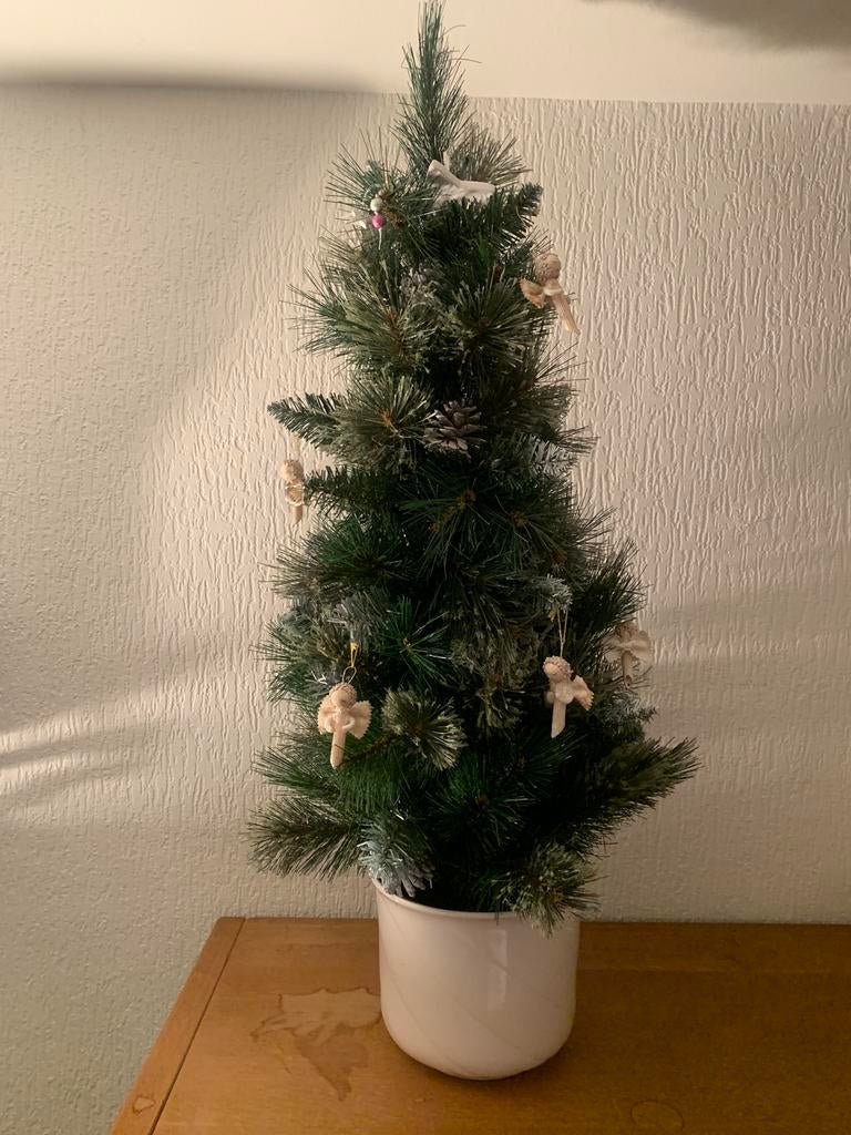 Kerstboom kunst met decoratie & lampjes in pot plm 1 meter, Ophalen, Zo goed als nieuw