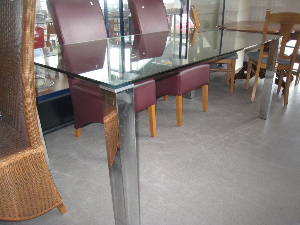 Moderne glazen eettafel met chromen poten,, Niet ingevuld, Gebruikt, Niet ingevuld, Niet ingevuld