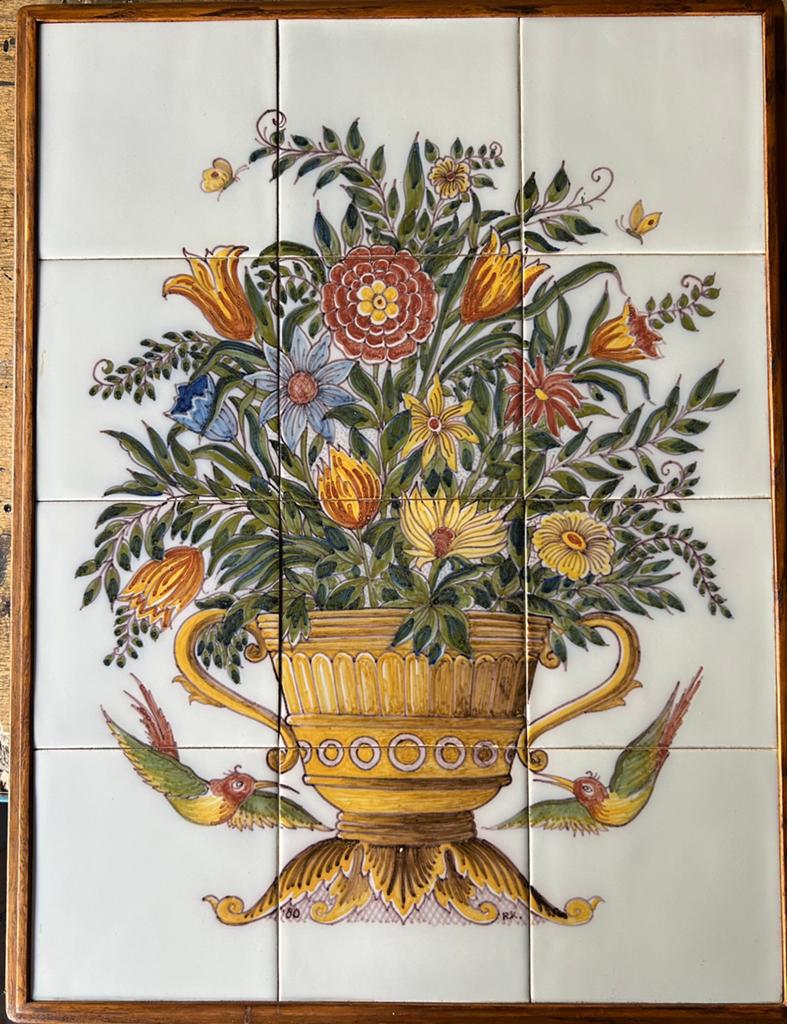 Harlinger tegel tableaux bloem in vaas op 12 tegeltjes, Antiek en Kunst, Ophalen of Verzenden