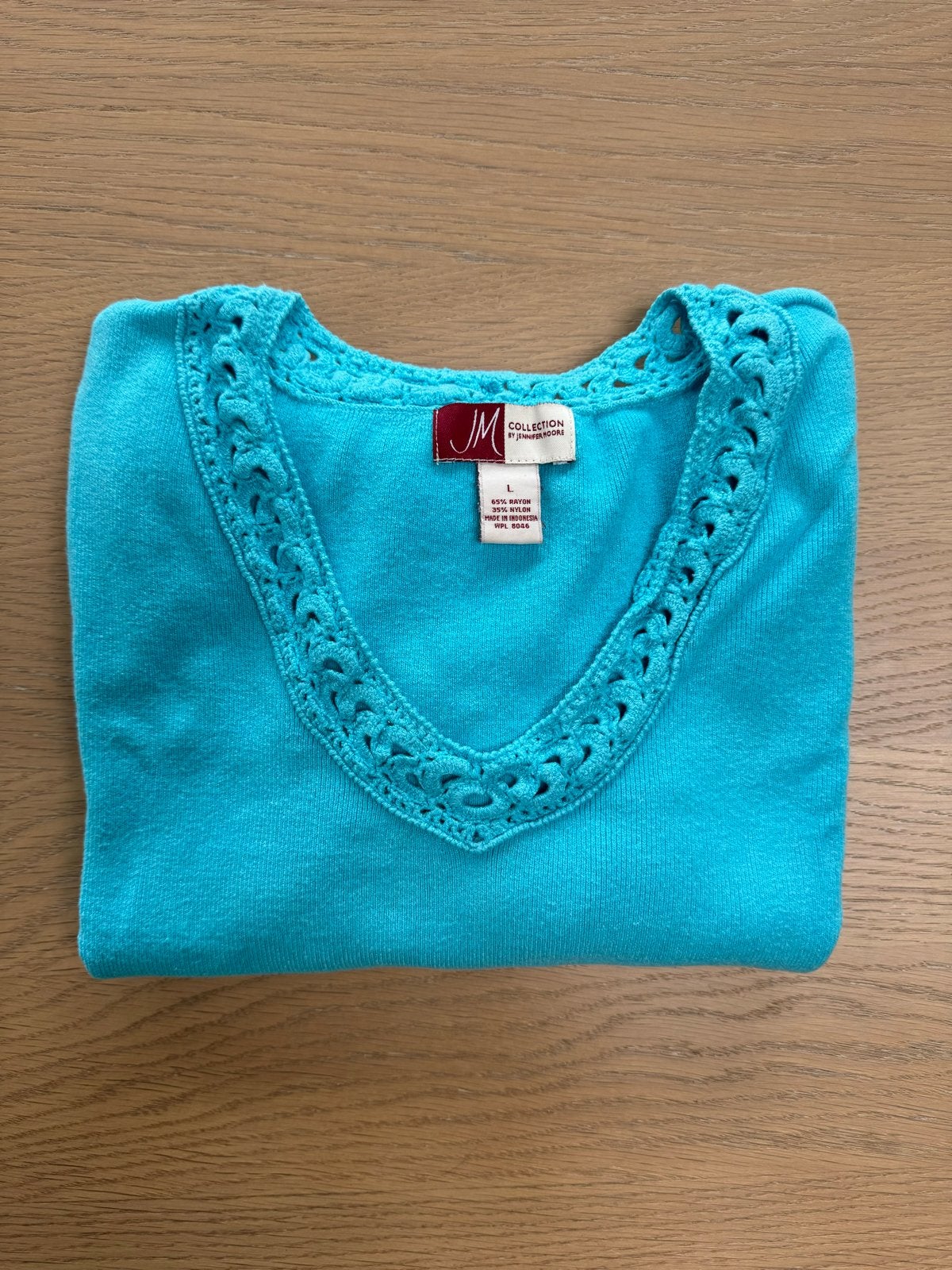 Turquoise lichtgebreide top Jennifer Moore - Maat L, Blauw, Maat 42/44 (L), Ophalen of Verzenden, Zo goed als nieuw