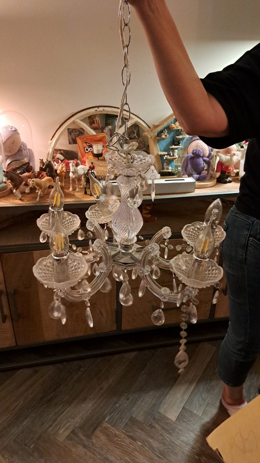 Elegante kroonluchter met 5 armen ⁸, E14 (klein), Ophalen of Verzenden, Zo goed als nieuw, Glas