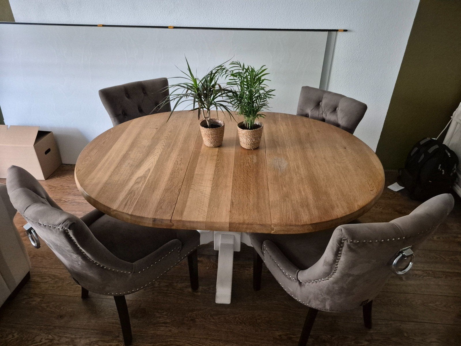 Unieke Ronde Uitschuifbare Eiken Eettafel, Ophalen, Rond, 100 tot 150 cm, 100 tot 150 cm