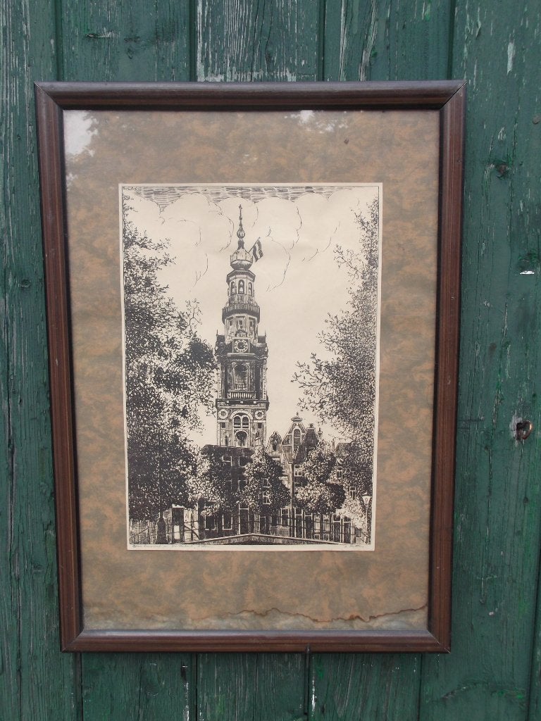 Ets van Zuiderkerk in Amsterdam., 54 cm, Ets, Stadsgezicht, Ingelijst