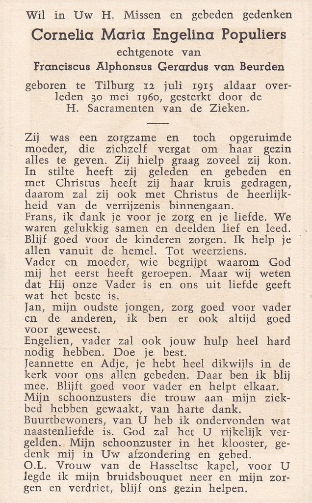 Populiers Cornelia 1915 Tilburg 1960, Verzamelen, Ophalen of Verzenden, Bidprentje