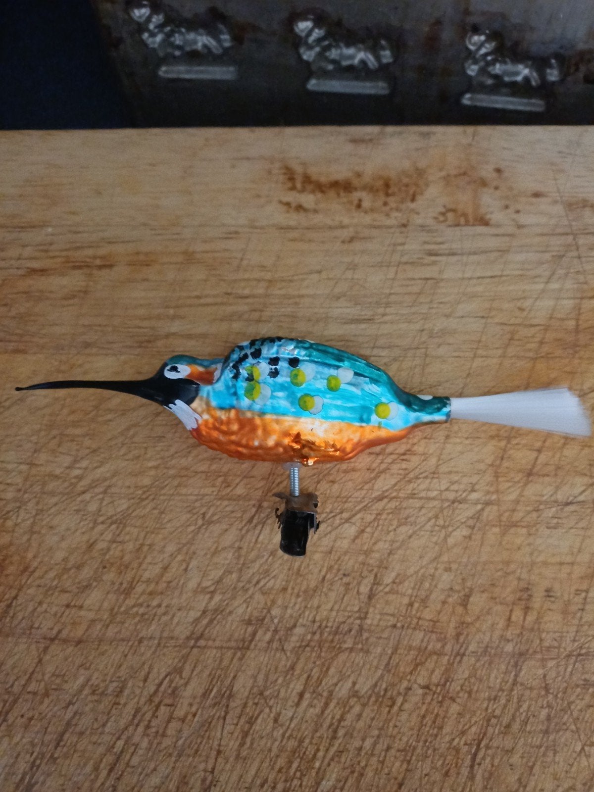 Antieke Kerstbal IJsvogel van glas op clip Kerst, Verzenden
