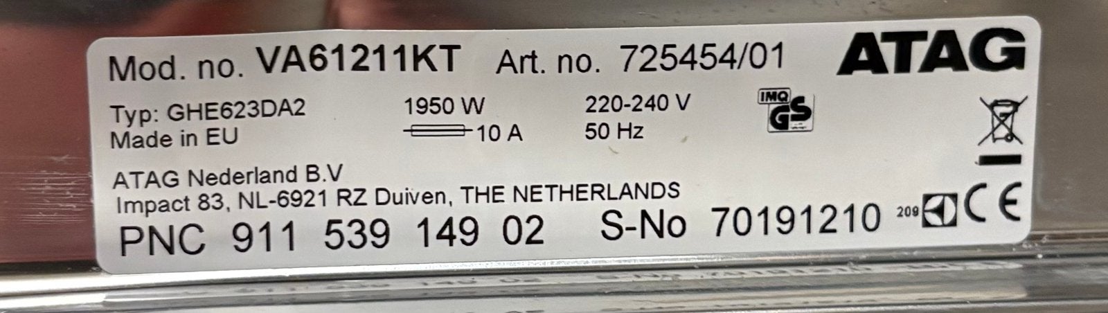 Te koop: ATAG Inbouwvaatwasser type VA61211KT