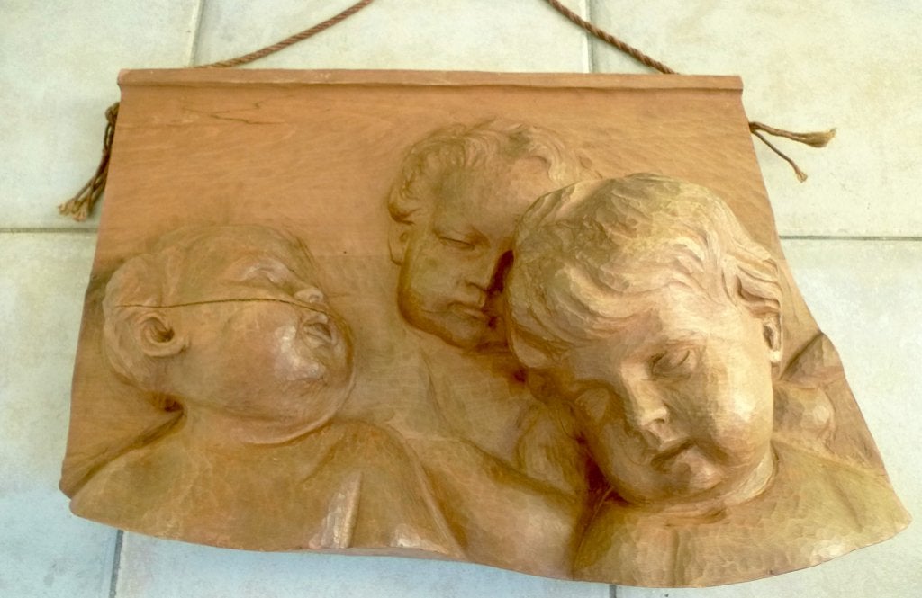 antieke gestoken houtsnijwerk kinderkopjes, Groep mensen, Handgemaakt, Wanddecoratie, Hout