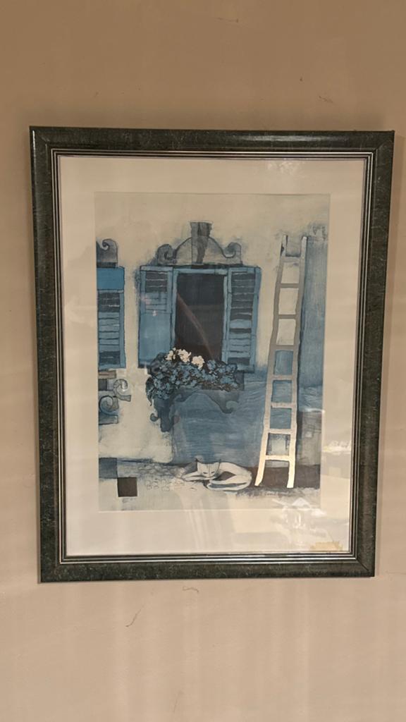 Ingelijste kunstprint: Kat bij raam met bloemen en ladder, Ophalen of Verzenden