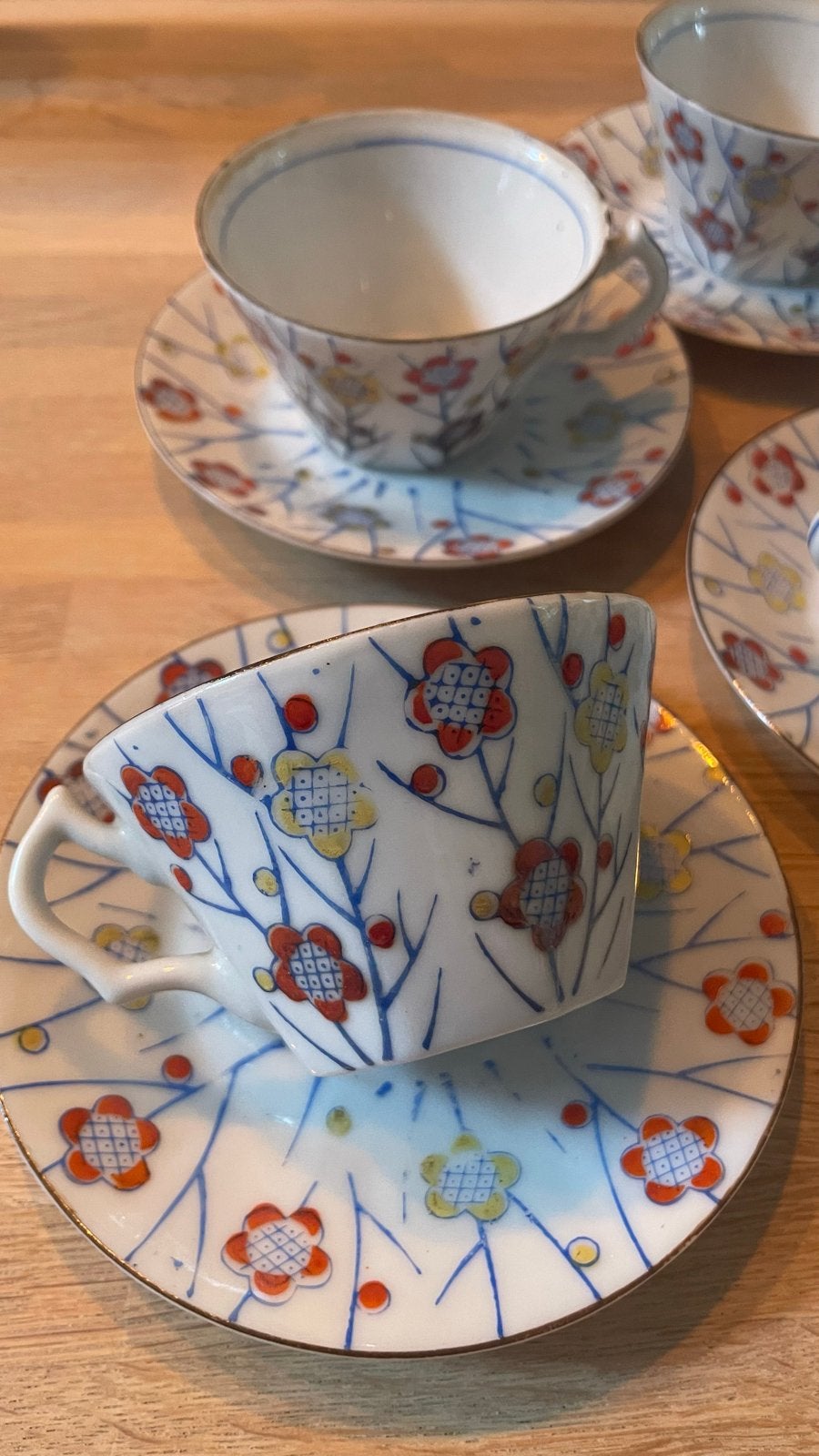 Set van 5 Japanse theekopjes met schotels, handgeschilderd, Ophalen