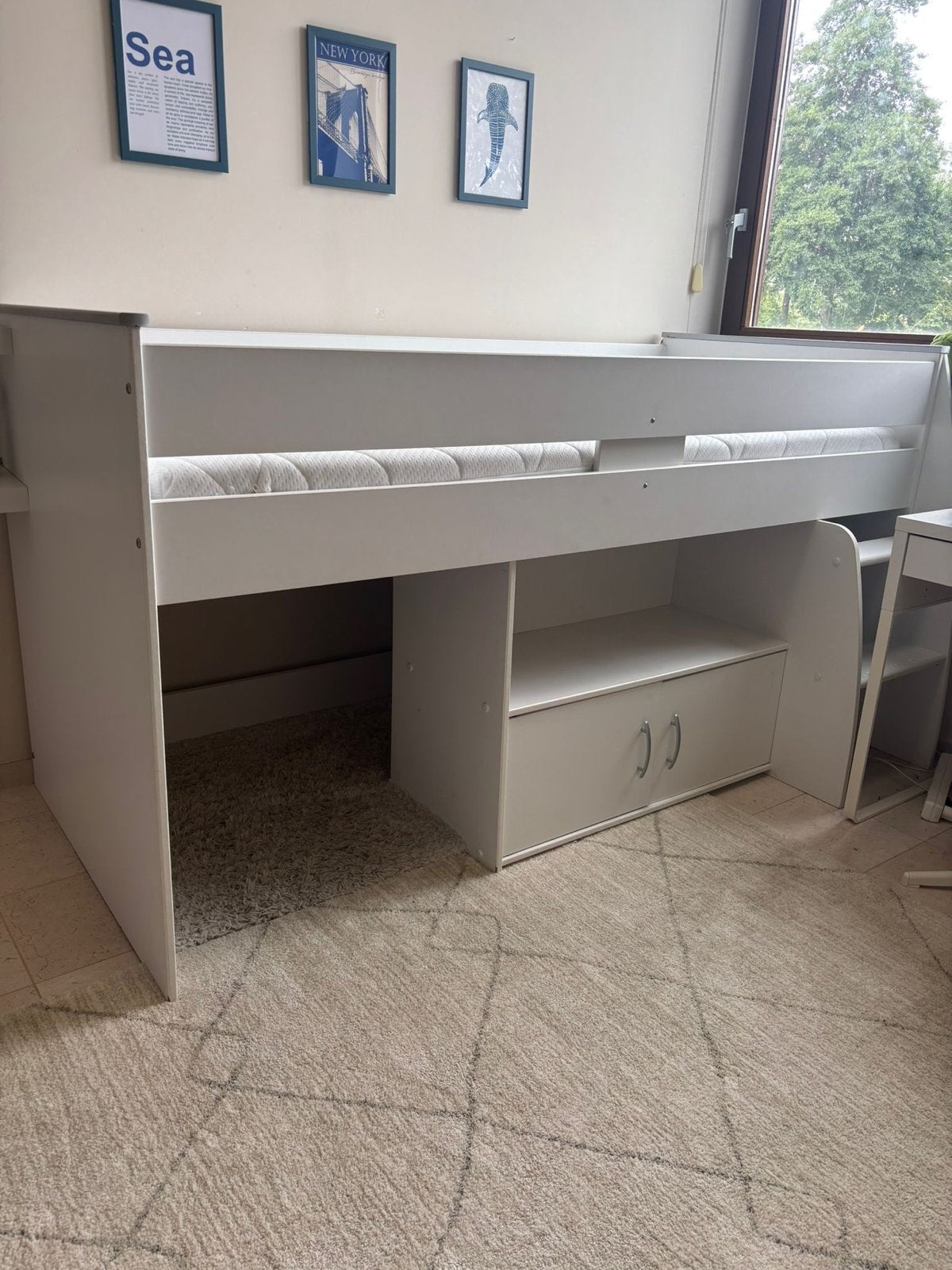 Witte halfhoogslaper met opbergruimte, Ophalen, Gebruikt, 90 cm, Eenpersoons