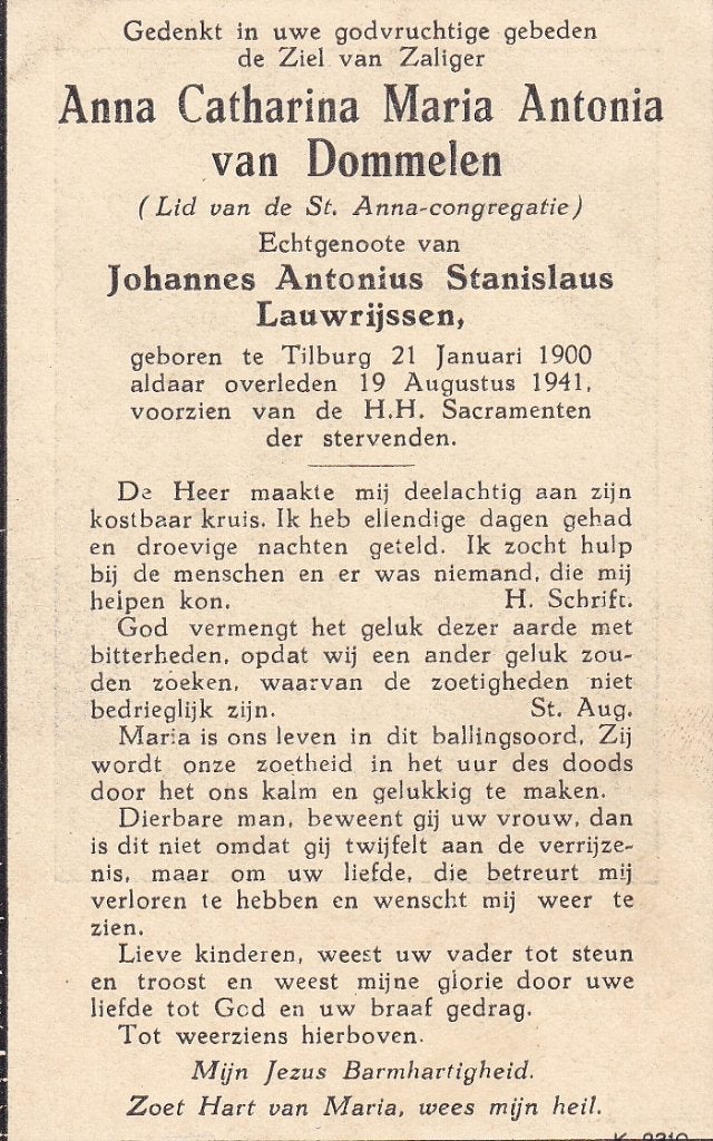 Dommelen Anna 1900 Tilburg 1941, Ophalen of Verzenden, Bidprentje