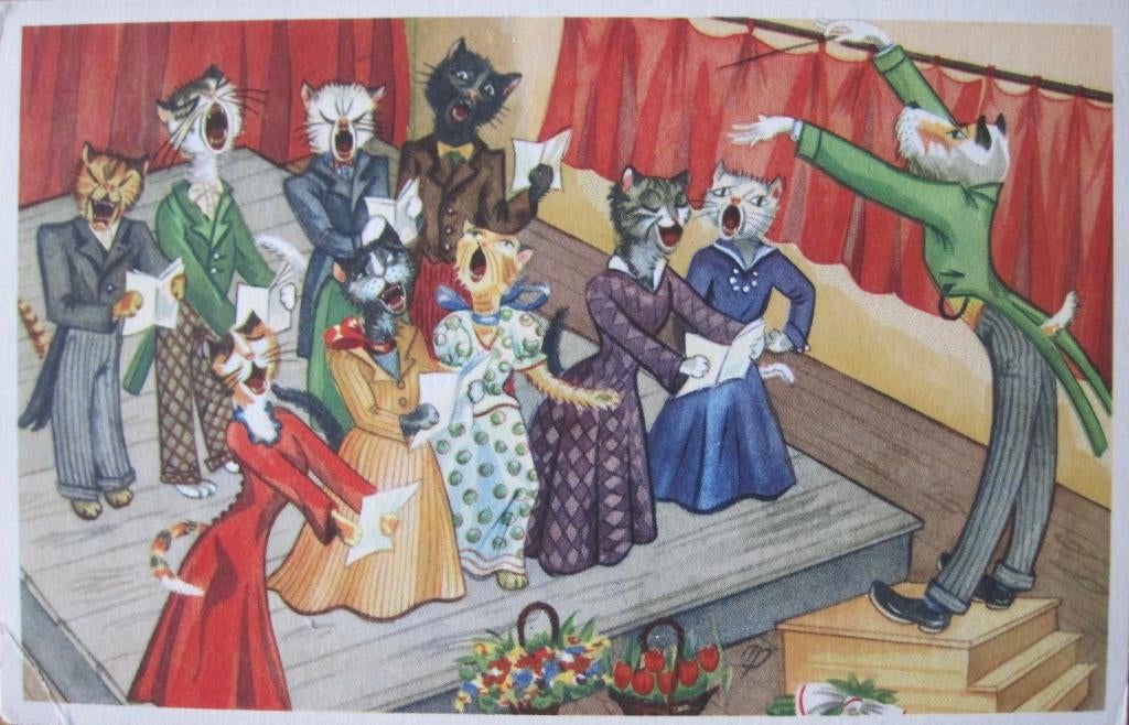 Poezen - verkleed als mensen - zangkoor - nieuw, Verzenden, 1960 tot 1980, Ongelopen, Hond of Kat