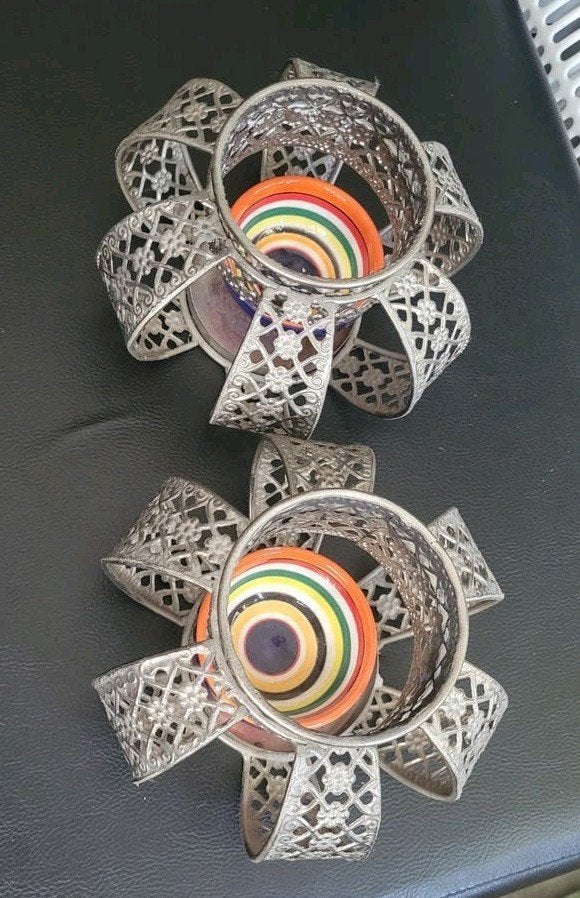 Set van 2 metalen waxinelichthouders met filigraan design, Waxinelichthouder, Ophalen of Verzenden, Zo goed als nieuw, Metaal