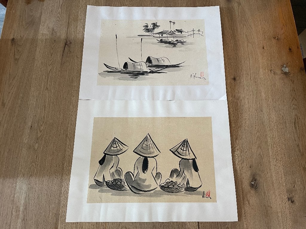 C130 Originele tekeningen uit Vietnam op rijstpapier Mekong, Ophalen of Verzenden