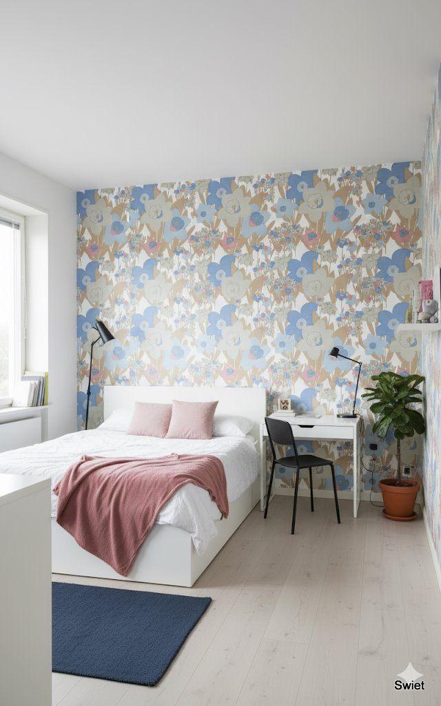 14075 Flowerpower behang grote bloemen blauw roze zand swiet, Verzenden, Grijs