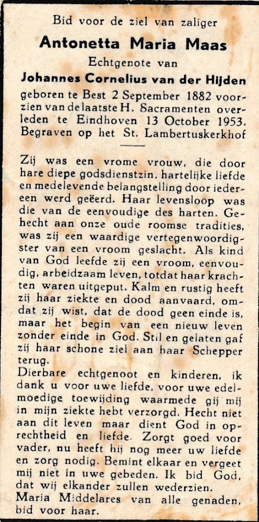 Maas Antonetta 1882 Best 1953 Eindhoven, Verzamelen, Ophalen of Verzenden, Bidprentje