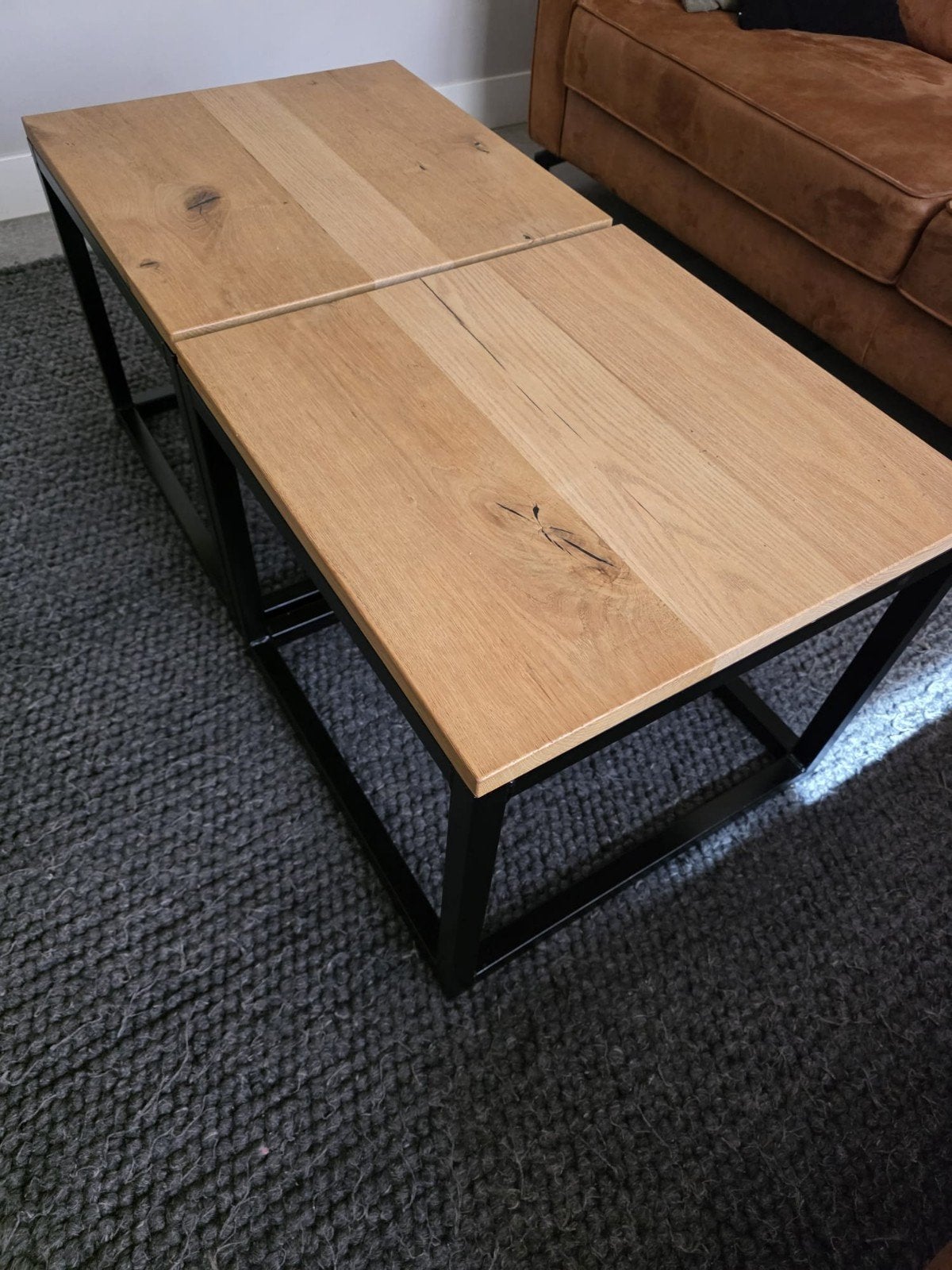 Salontafel 2x licht eiken stalen onderstel 55x55 cm, Ophalen, Vierkant, 50 tot 100 cm, 50 tot 100 cm