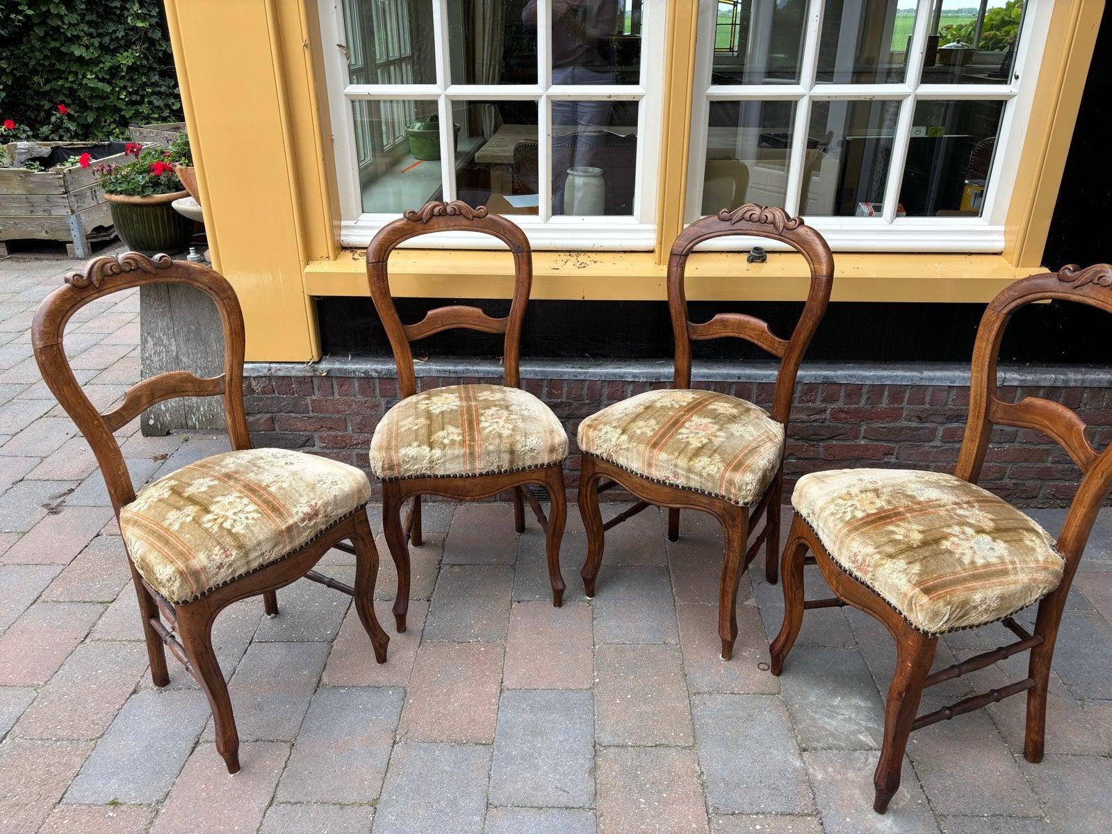 Set van 4 antieke houten stoelen met gestoffeerde zitting, Ophalen of Verzenden