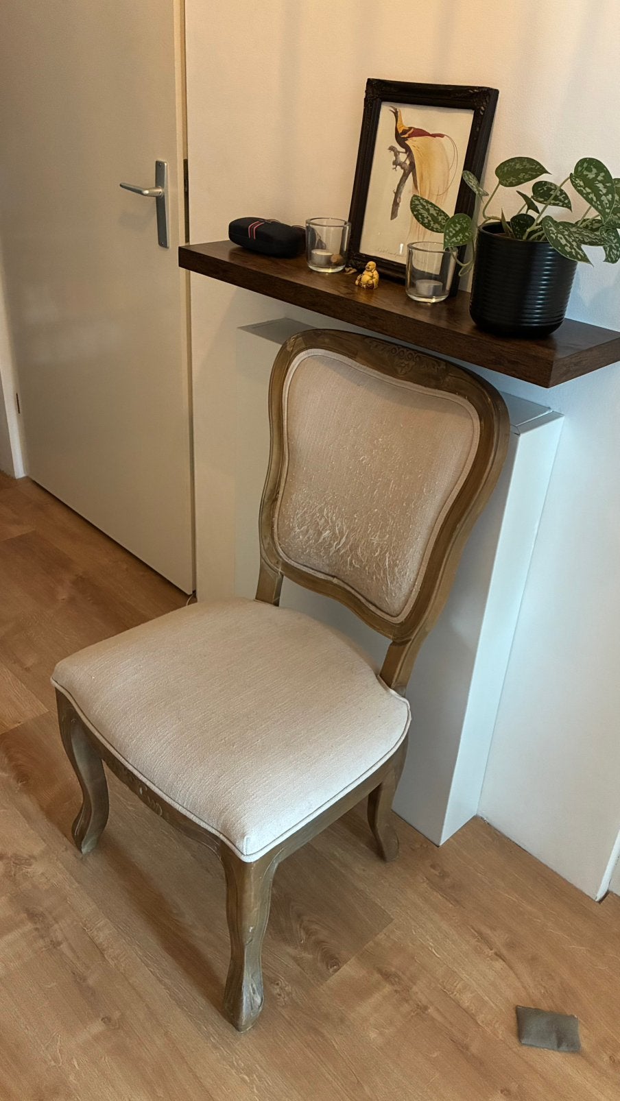 Romantische houten eetkamerstoel met stoffen zitting en rug, Ophalen