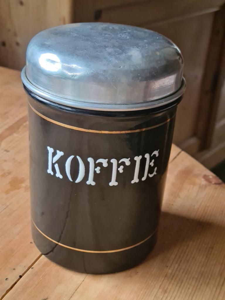 Antieke emaille koffie bewaarbus., Ophalen of Verzenden