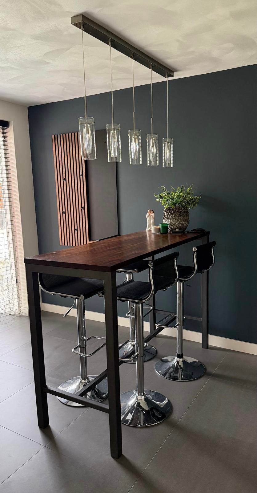 Moderne hanglamp met 5 glazen lampen – RVS – Bieden!, Ophalen, Zo goed als nieuw