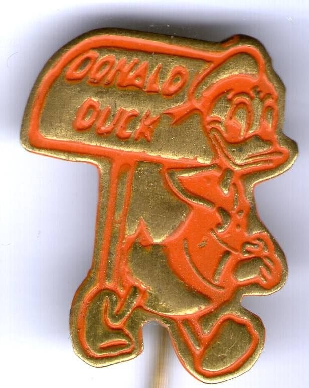 Donald Duck oranje op koper stripfiguur speldje ( R_104), Ophalen of Verzenden, Nieuw, Figuurtje, Speldje of Pin