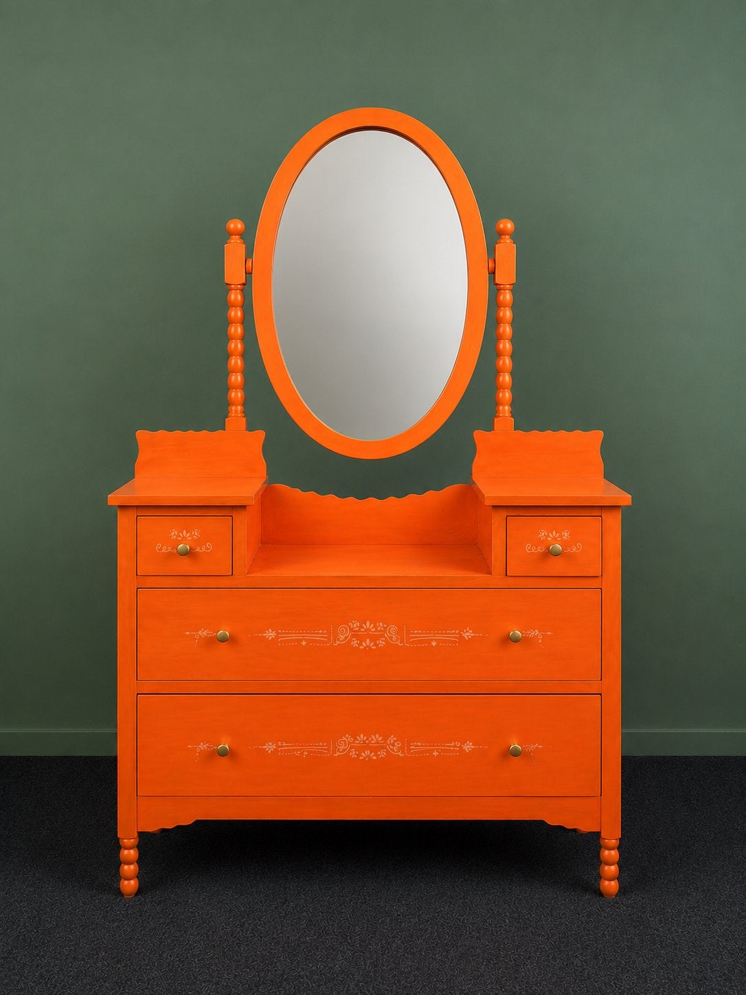 Oranje kaptafel met spiegel en lades, Ophalen, Gebruikt, 100 tot 150 cm, 50 tot 100 cm