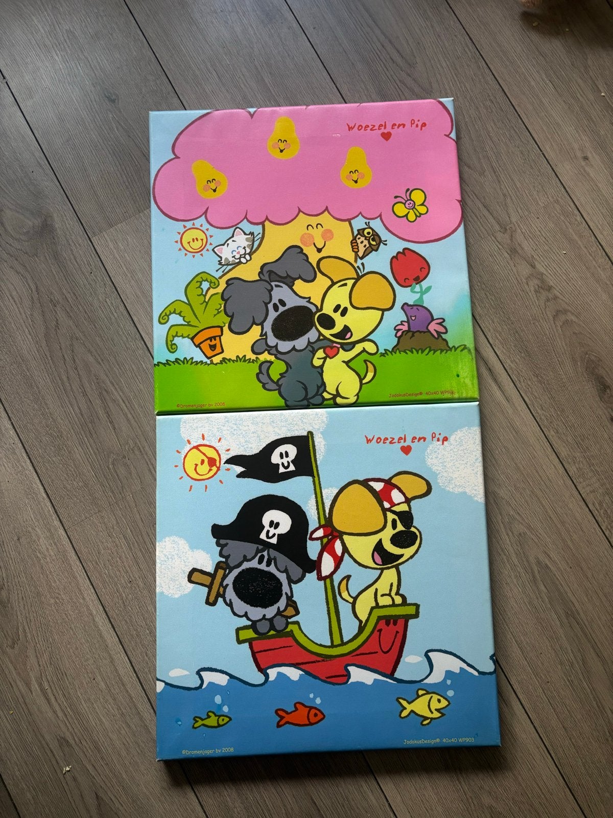 Schilderijtje Woezel en Pip - Set van 2, Minder dan 50 cm, Gebruikt, Ophalen of Verzenden, Schilderij