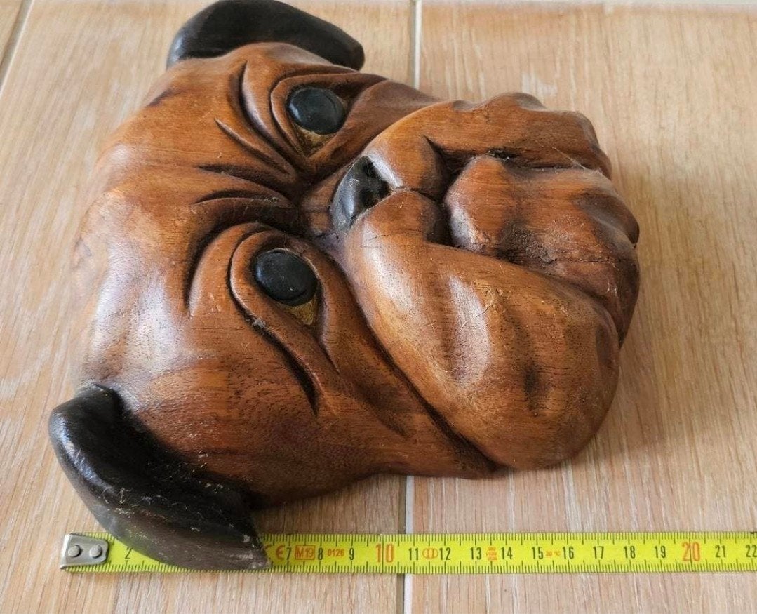 Houten buldog kop voor aan wand- Vintage-, Ophalen, Hout