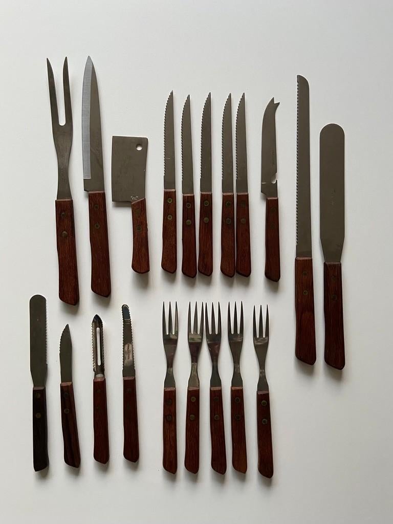 Vintage bestekset hout stainless steel, Ophalen of Verzenden, Zo goed als nieuw, Hout