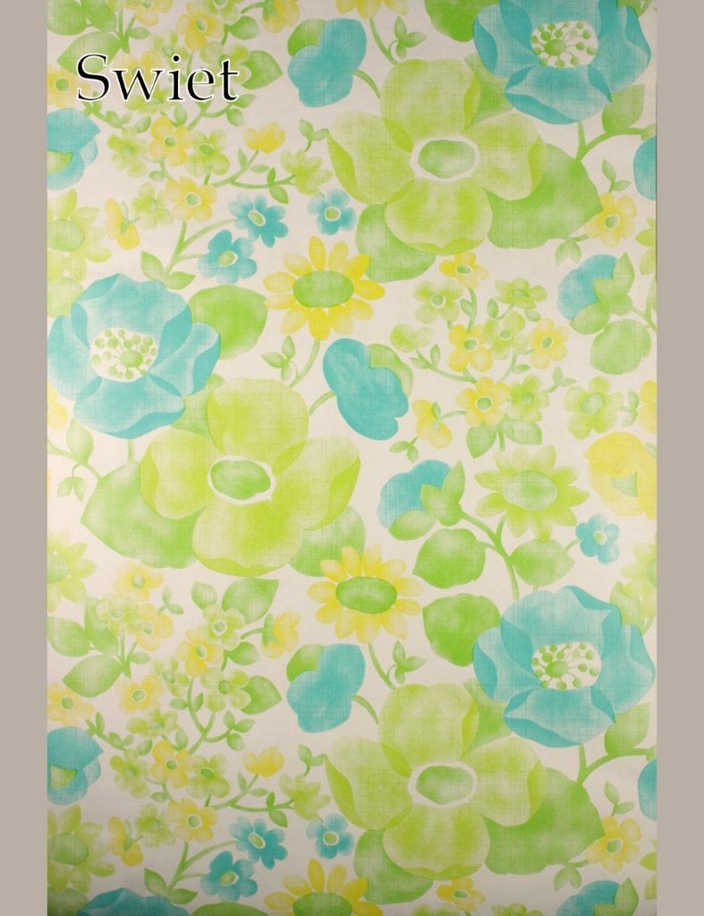 3512 fris bloemenbehang groen turquoise geel 70s retro swiet, Ophalen of Verzenden, Wit