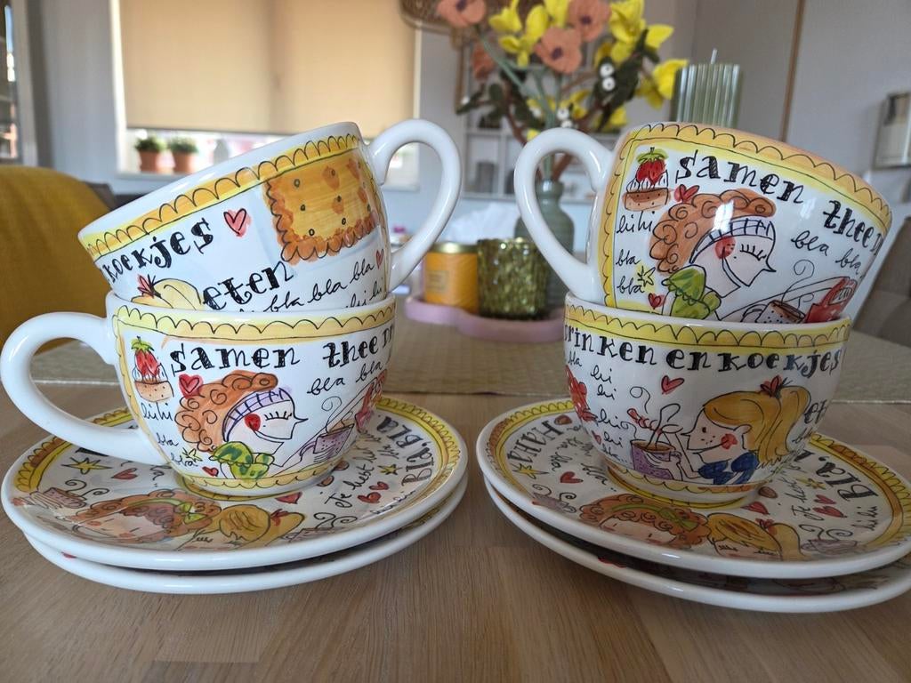 Blond Amsterdam mokken en schotels 'Samen theedrinken', Huis en Inrichting, Keuken | Servies, Zo goed als nieuw, Kop(pen) en/of Schotel(s)