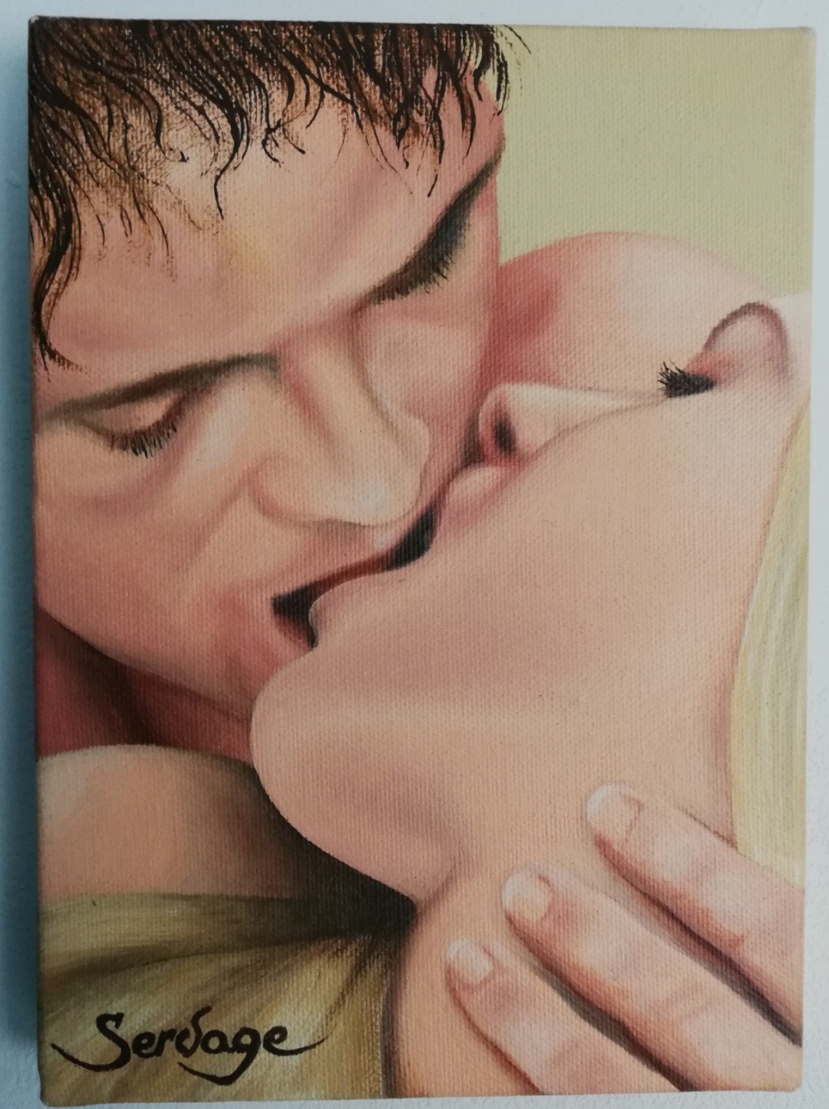 Patrice Servage, Etude de baiser. Acryl/canvas. 16/22 cm., Ophalen