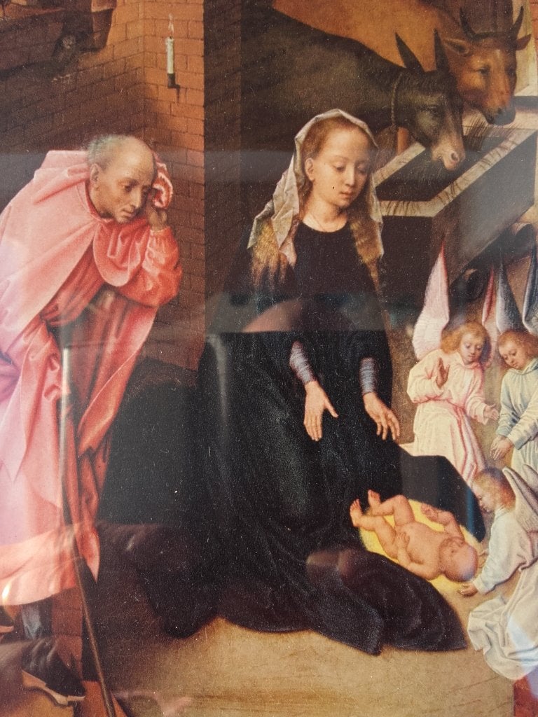 Oude ingelijste prent uit Italië met Maria en kind 26,5 cm., Ophalen of Verzenden
