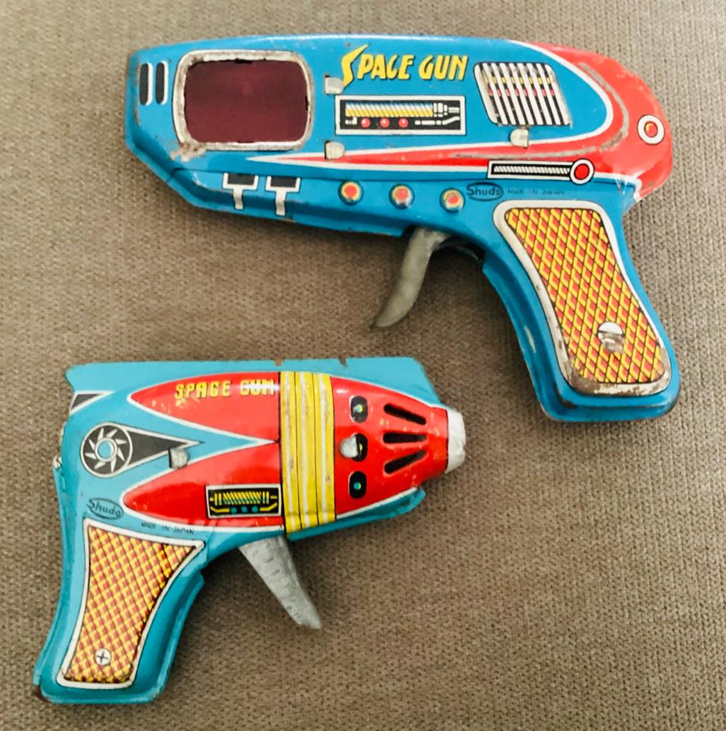 2 blikken 1950s Space Gun geweertjes,pistooltjes,Shudo,Japan, Ophalen