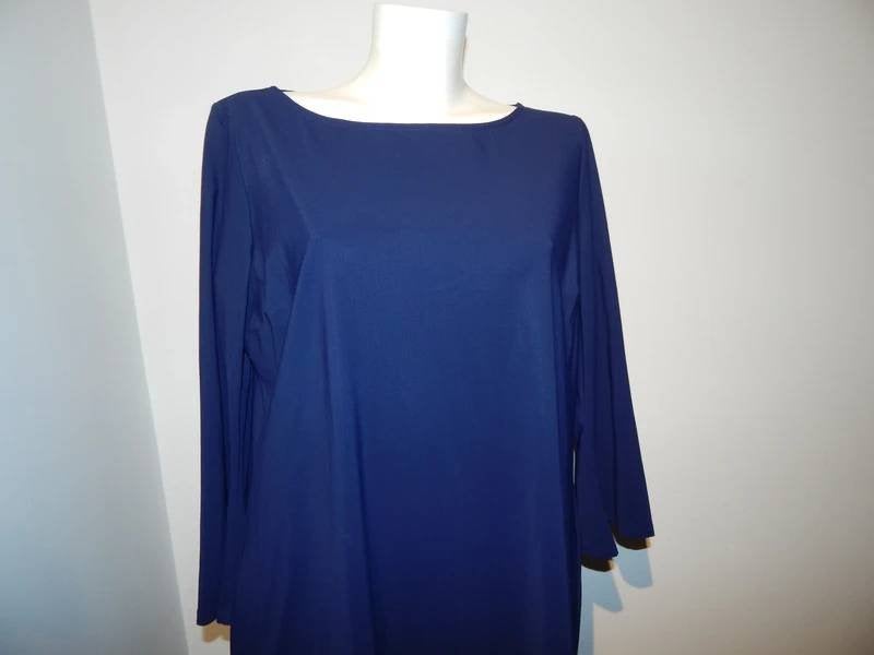 Ladress donker blauwe stretch jurk uitlopende mouw XXL, Maat 46/48 (XL) of groter, Zo goed als nieuw, Knielengte, LaDress