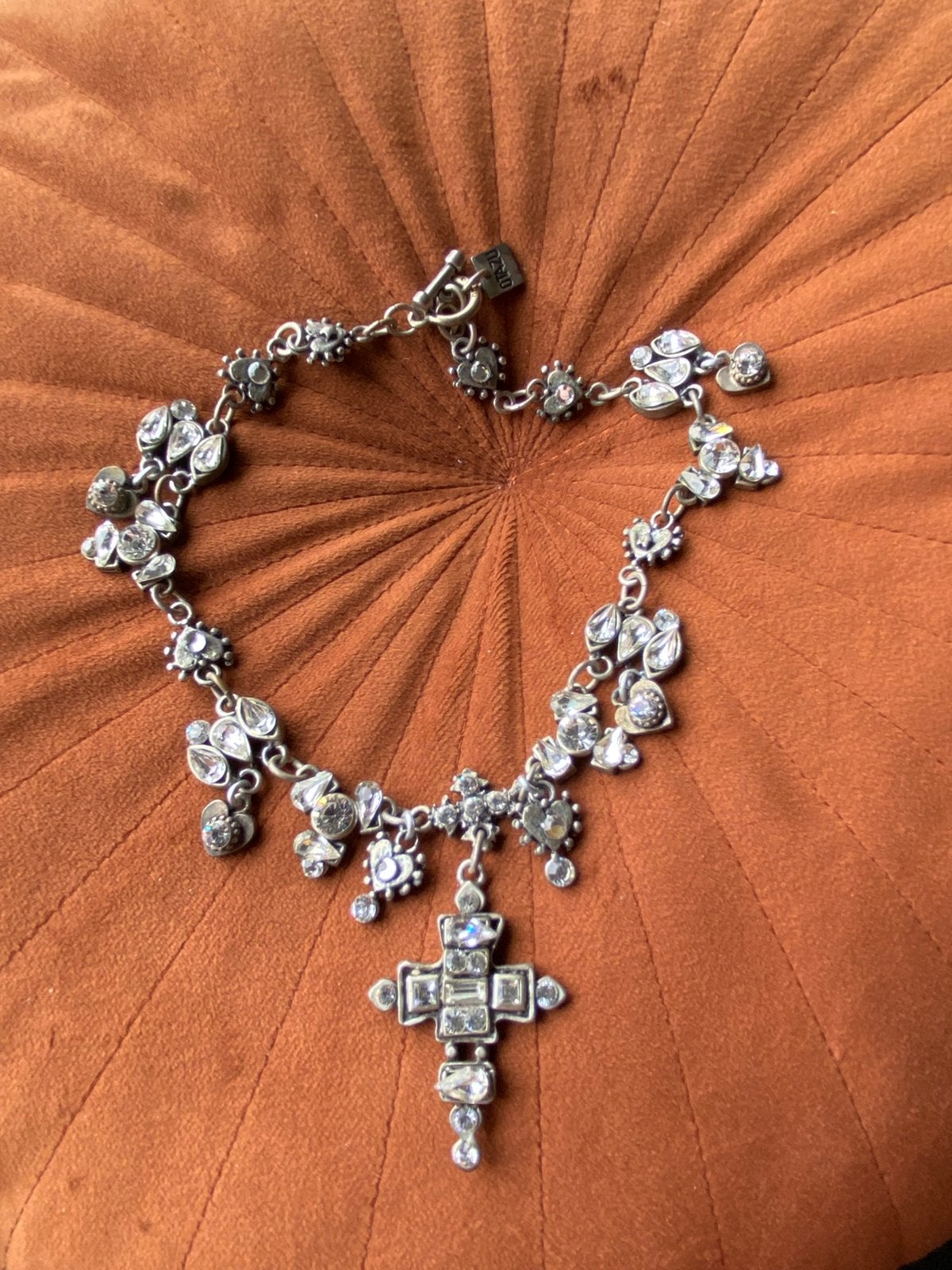 Vintage Otazu collier met kruis, 44 cm, transparante stenen, Ophalen of Verzenden, Zo goed als nieuw, Zilver, Overige materialen