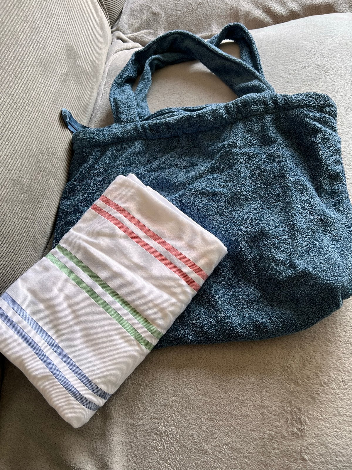 Blauwe badstof strandtas met gestreepte voering, Ophalen, Gebruikt, Blauw, Shopper